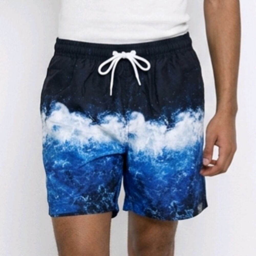 Vertical Sport Men’s Swim Trunks Ocean Wave Print Board Shorts NWT Blue